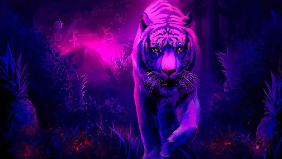 A fierce tiger graphic wallpaper with a special purple theme for Android