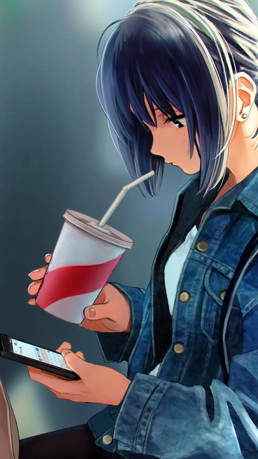 Wallpaper of a charming anime girl with a mobile phone and a drink in her hand