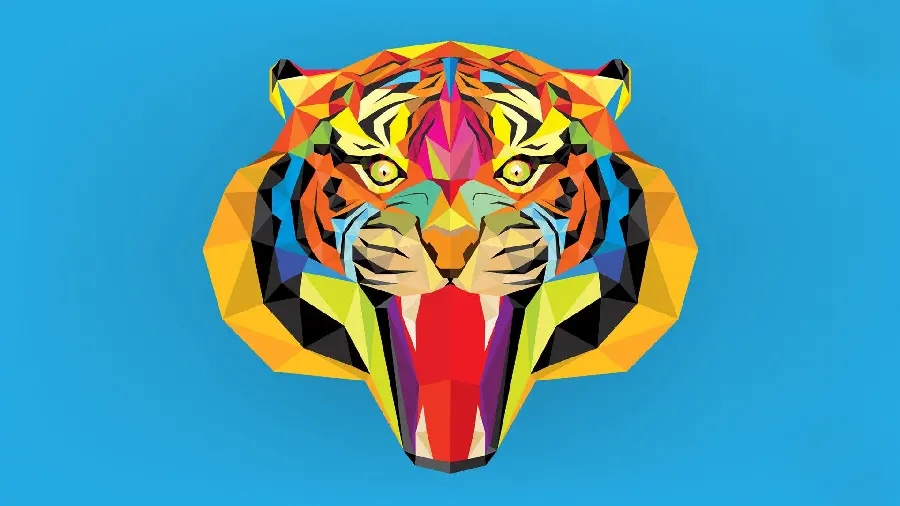 Fantasy Photo of Colorful Tiger with Open Mouth on Blue Background in 4K Quality