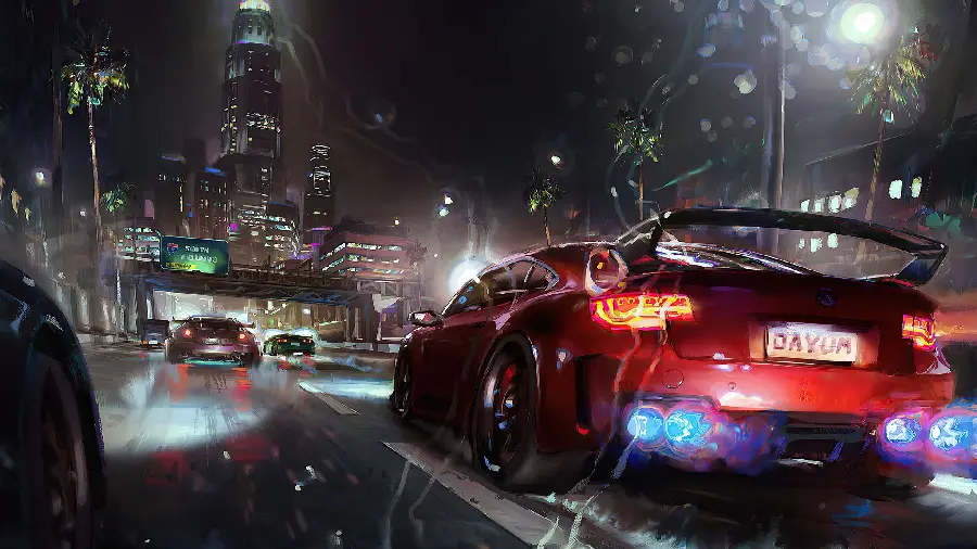 Beautiful photo of a red car on the road in rainy weather 