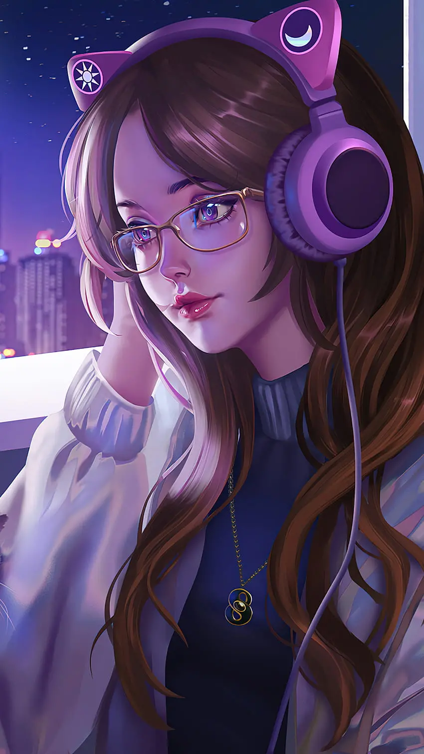 Picture of a charming anime girl with a letter s necklace and purple cat headphones