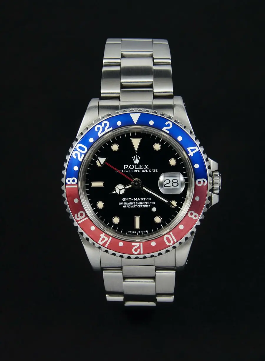 A blue and red Rolex watch for men in a high-quality and beautiful case