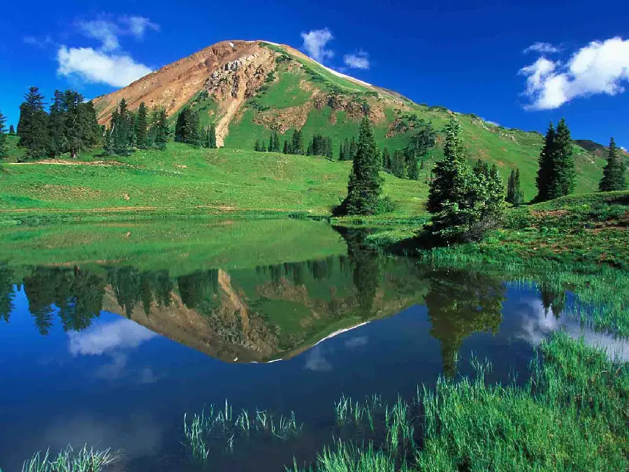 Masterpiece wallpaper of the reflection of mountains and trees in a clear blue spring