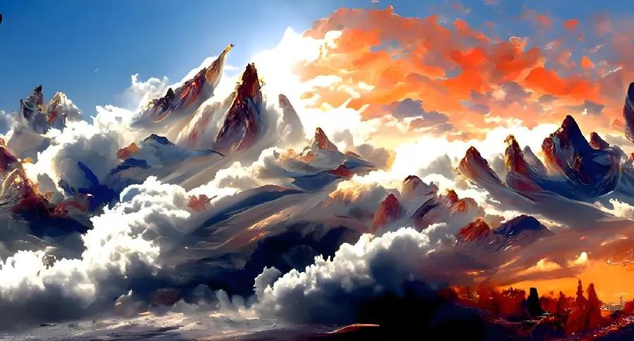 Dreamy AI image of nature flowing between mountains and clouds