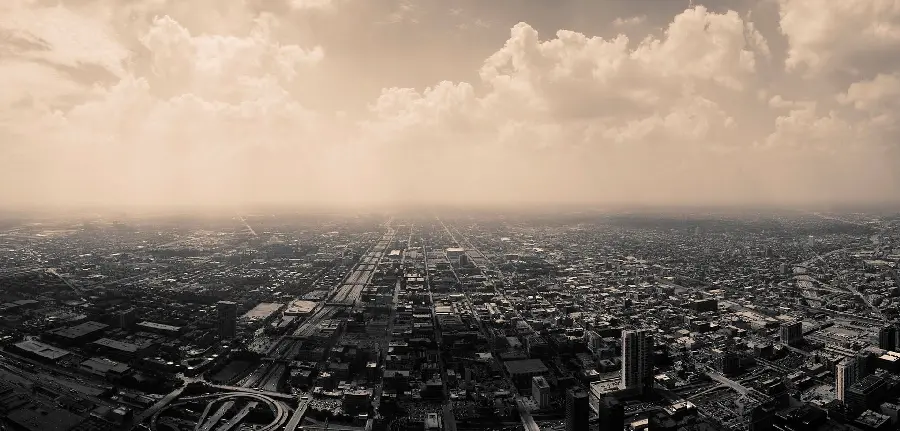 A black and white stock photo of a polluted metropolis with good quality