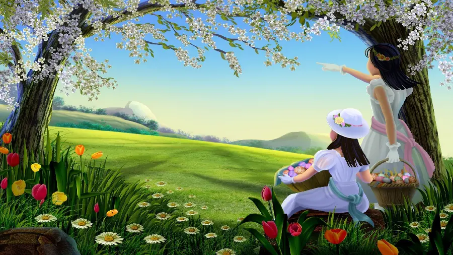 Drawing of two beautiful girls from behind in spring nature for profile