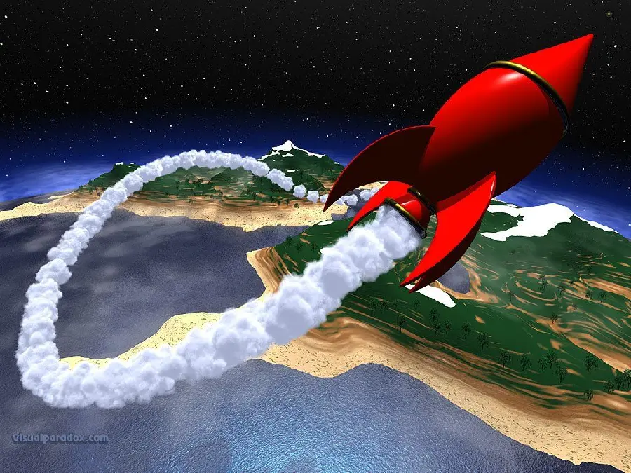 The most beautiful multi-dimensional image of a red cartoon rocket flying in space