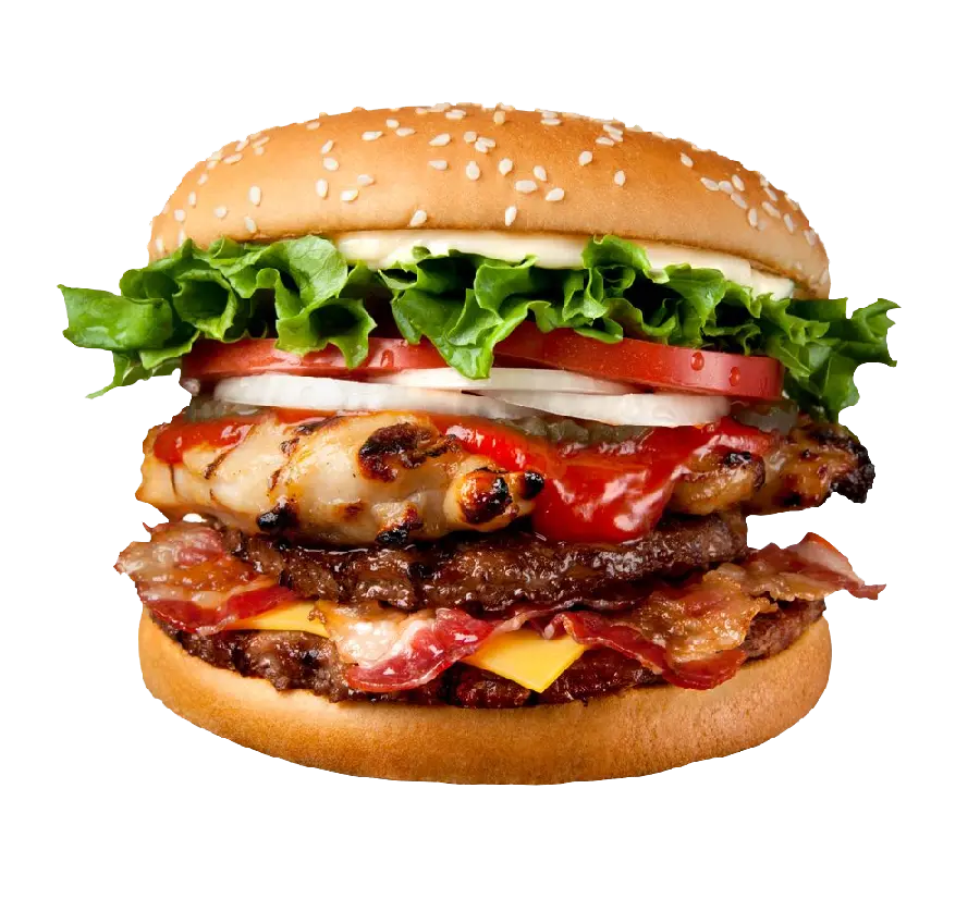 Interesting image of delicious hamburger with tomato, lettuce, cheese, sauce