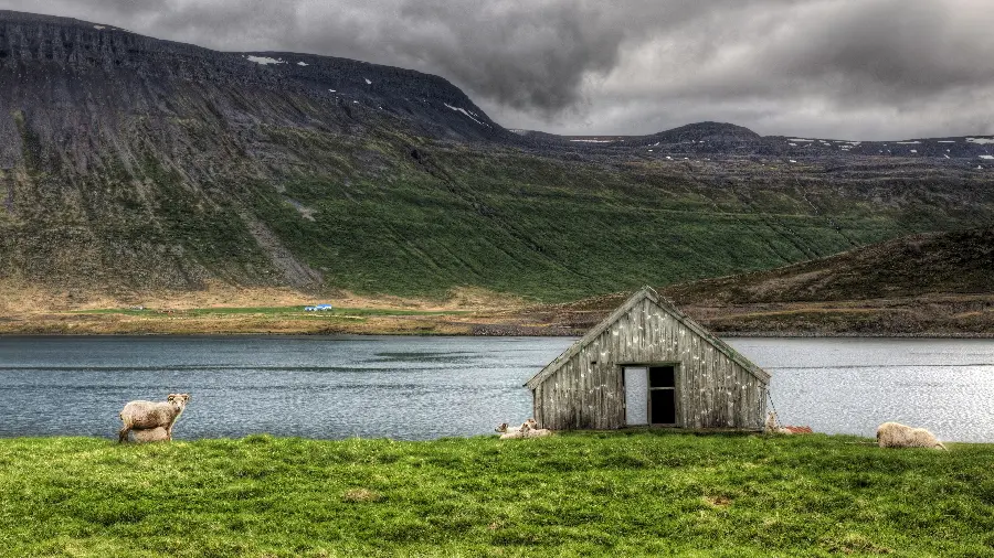 Download Wallpaper of a small wooden hut and lush nature by the river