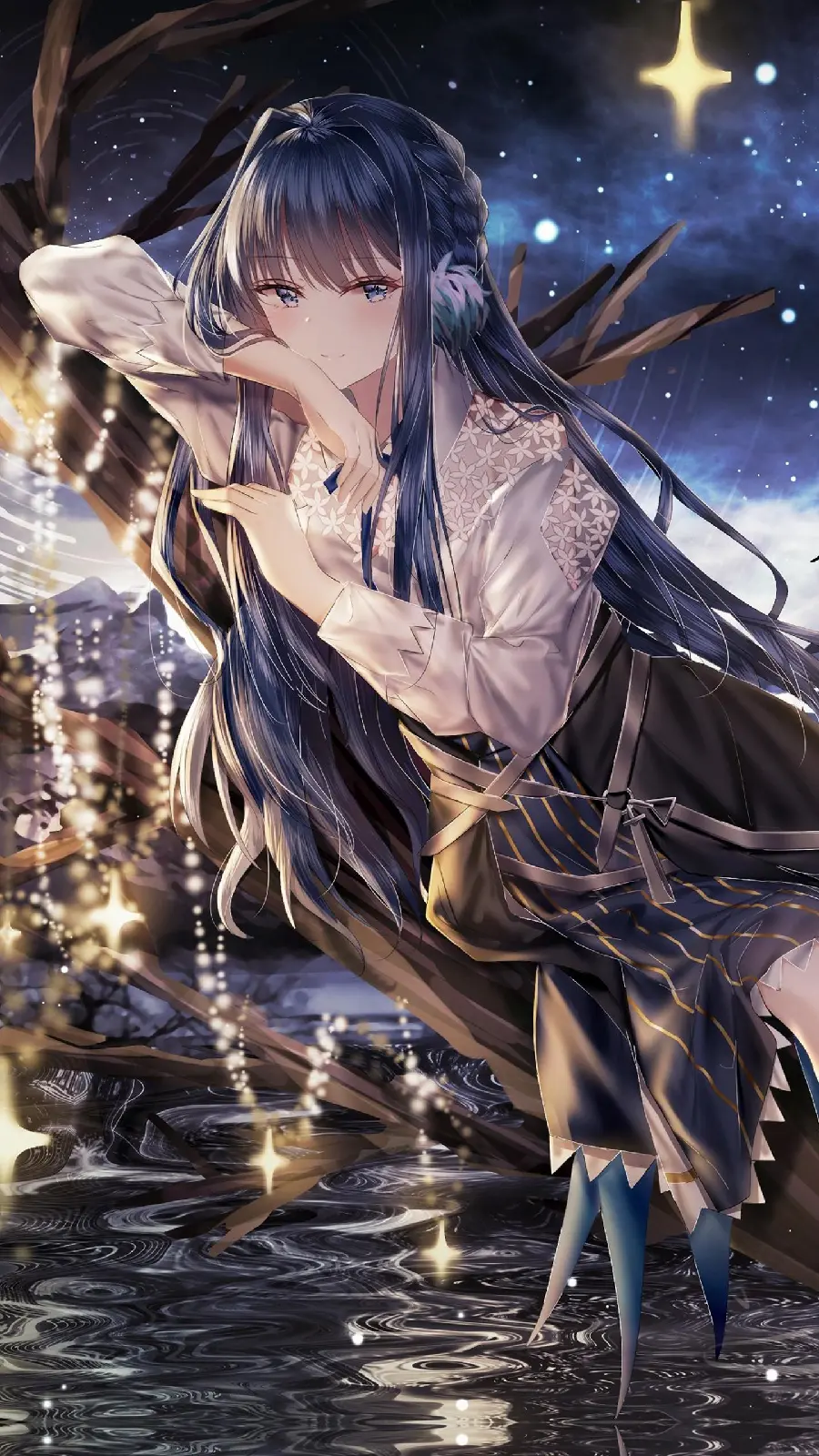 Amazing Profile of an Anime Mermaid Girl in the Luminous Sea at Night