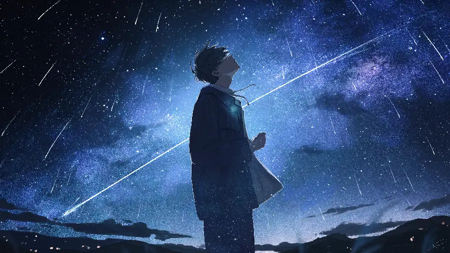 Masterpiece photo of anime boy under the blue starry night sky
