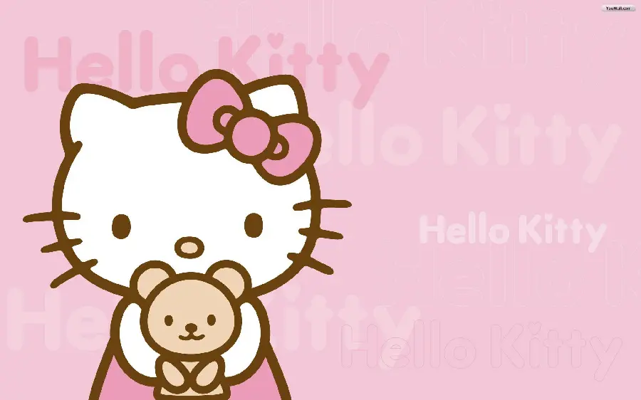 Hello Kitty background with brown bear doll