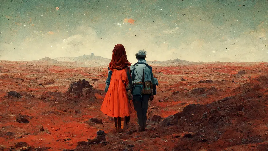 Interesting AI conceptual drawing of a man and woman in a deserted desert 