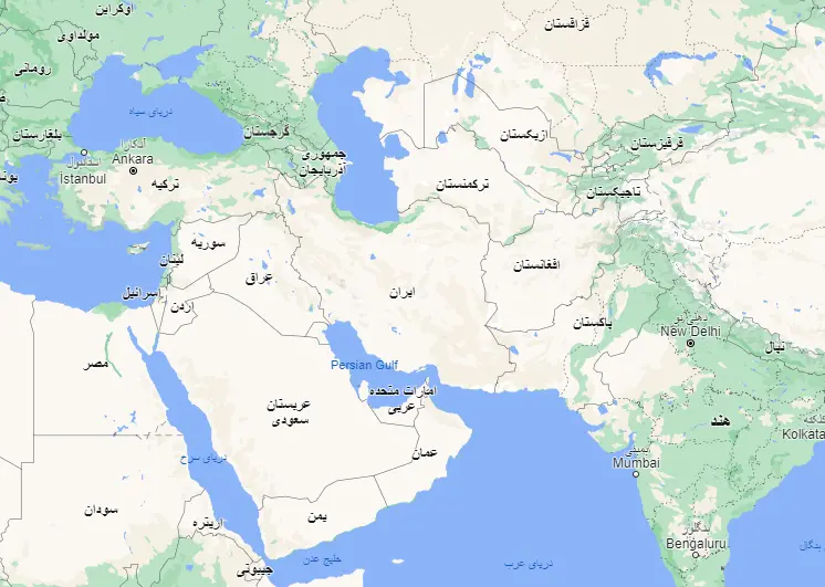 Aerial photo of Iran map with names of neighboring countries