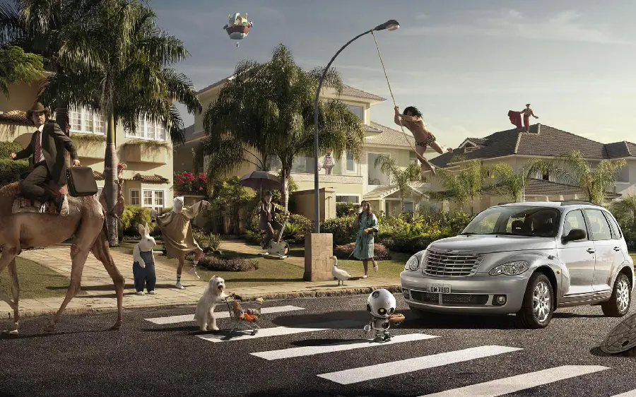 Strange city photo with special human and animal behaviors