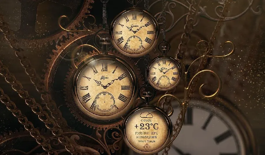A spectacular photo of an old clock with multiple time and temperature indicators