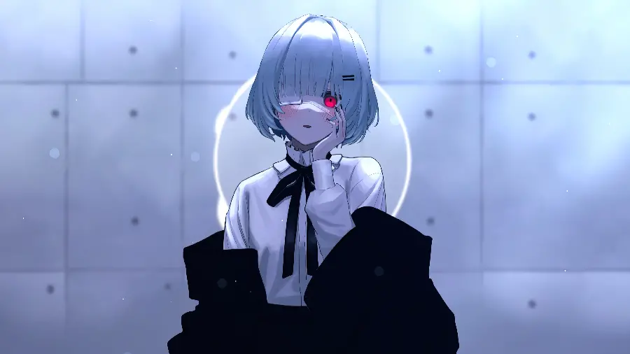 Gray image of a smart anime girl with a scar covered in one eye