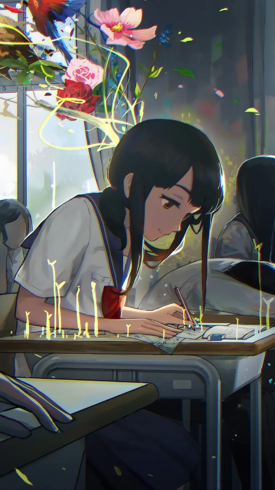 New anime photo of a girl designer and painter among beautiful flowers and buds