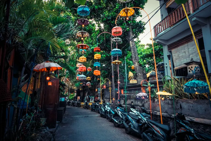 4k view of Delgsha Street in Bali with colorful hanging lights