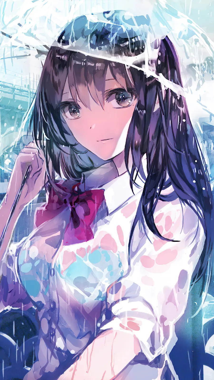 Picture of an anime girl in white with an umbrella under the rain in Full HD resolution