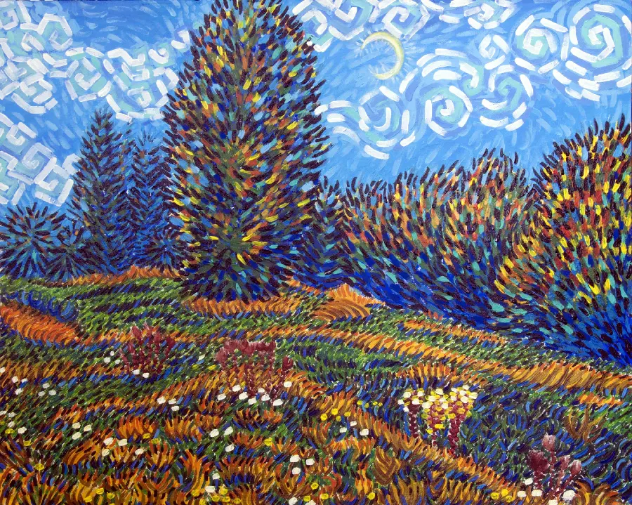 Stock photo of Vincent Van Gogh's painting of a field with cypress trees in full HD quality