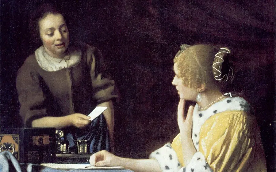 Painting of two young girls talking by the famous Vermeer painter