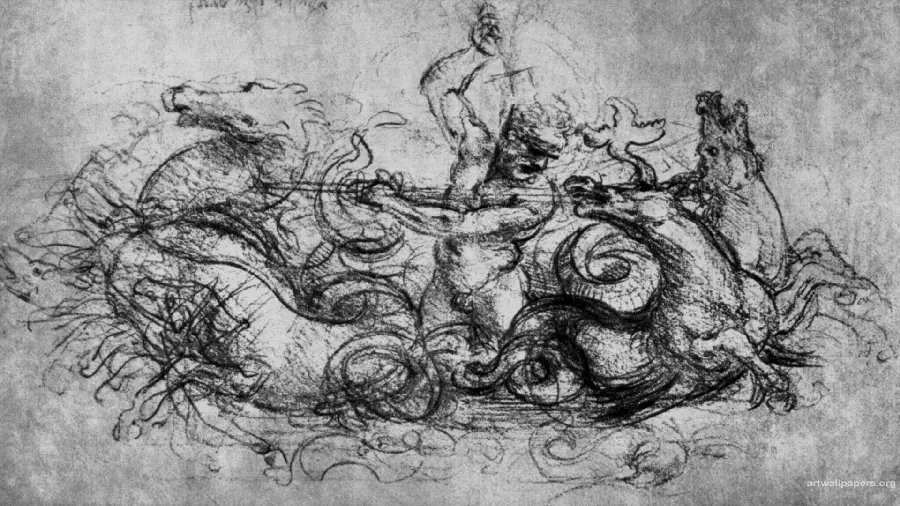 Black and white drawing of a man on a horse by the great painter and artist Leonardo da Vinci