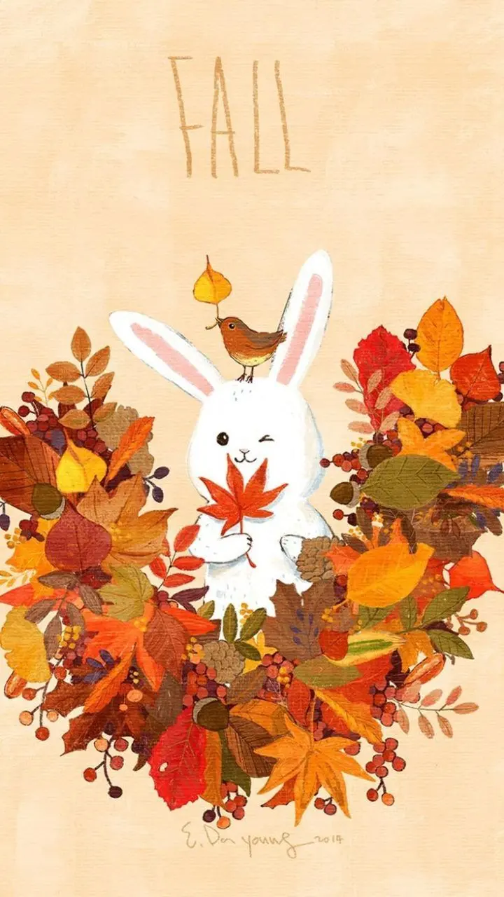 Autumn background with a googly rabbit and a little sparrow