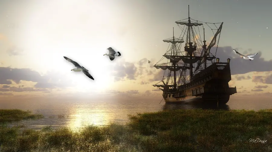 Spectacular background of an old ship and lovely ducks flying