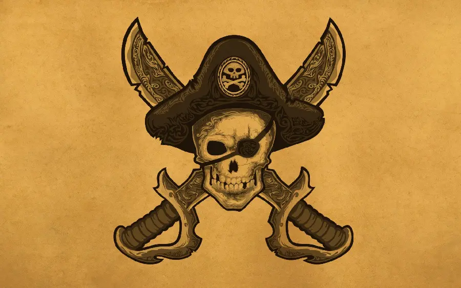 Classic yellow background of a pirate skull with a hat, blindfold, sword