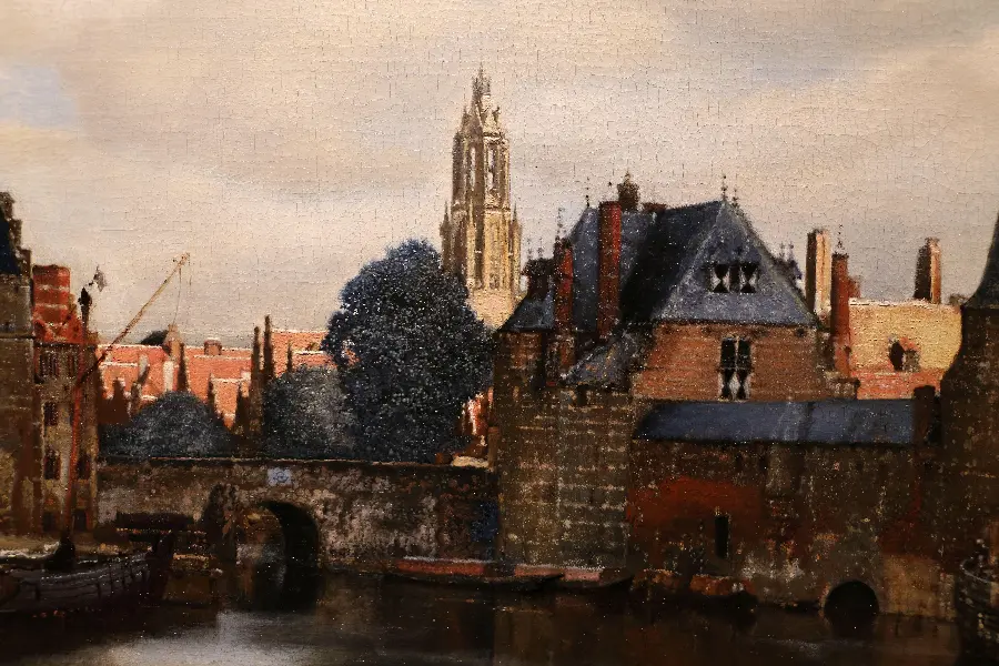 A striking painting of an outdoor landscape by Dutch painter Johannes Vermeer