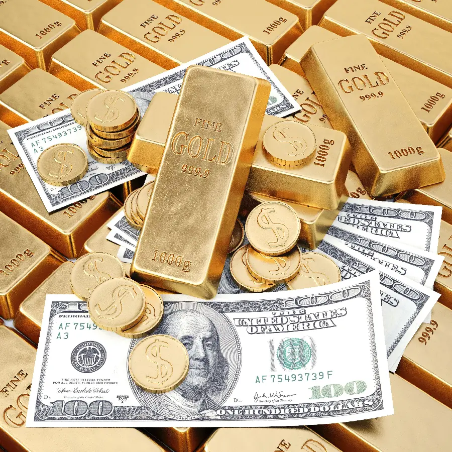The most mysterious stock photo of gold coins and bars poured on dollars 
