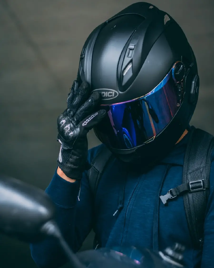 Young man's profile photo with a beautiful motorcycle helmet or 5K quality