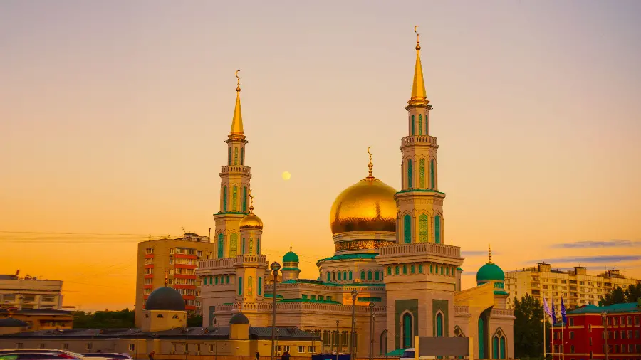 Excellent background of the large mosque with tall minarets 