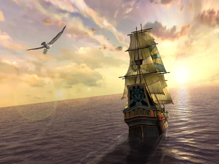 Full hd background of a ship on the water and a duck with a pole facade