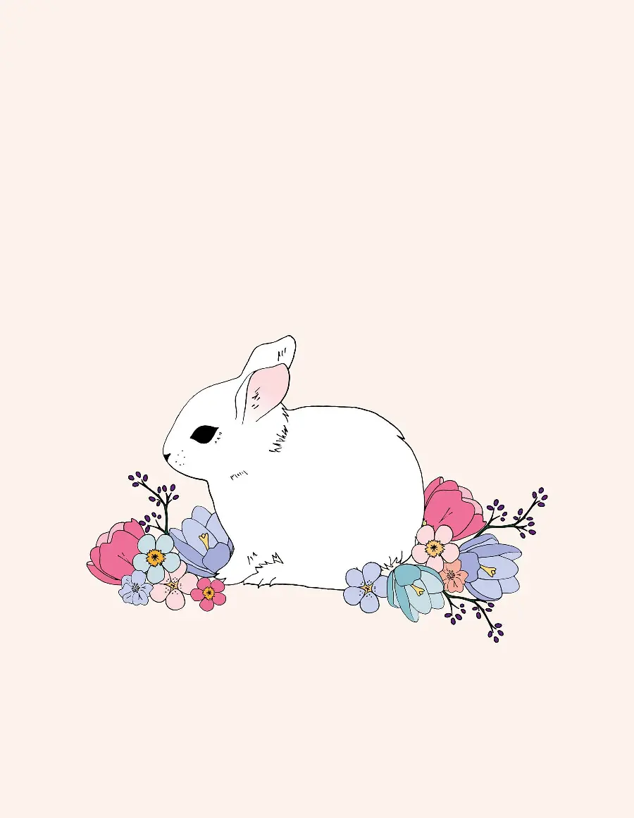 Digital painting of colorful flowers and a rabbit in their midst
