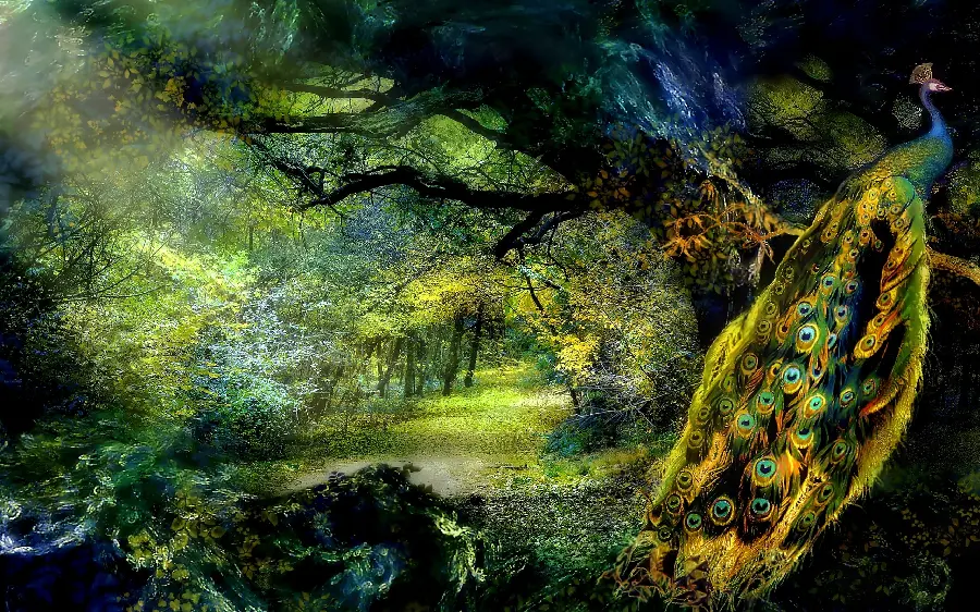 Artistic and dreamy landscape of a peacock bird of paradise on a tree branch