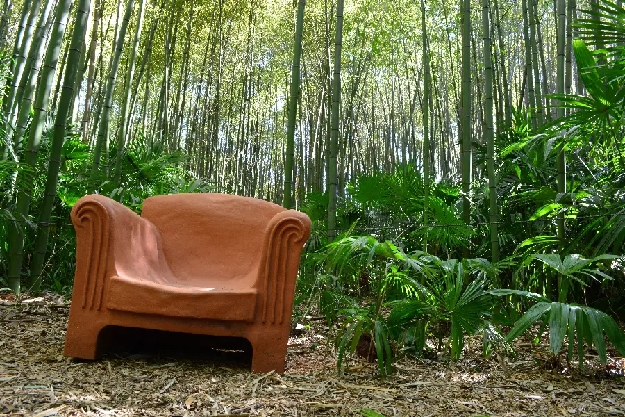 Background photo of a single sofa in the nature of a Japanese Zen garden