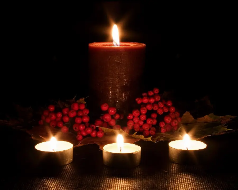 Image of a condolence candle next to a red flower, suitable for getting ideas for the ceremony 