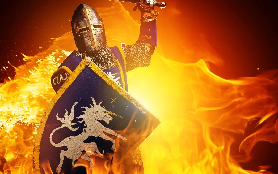 Fantasy background of a Roman soldier with a steel mesh armor in the middle of flames for fans of Roman mythology