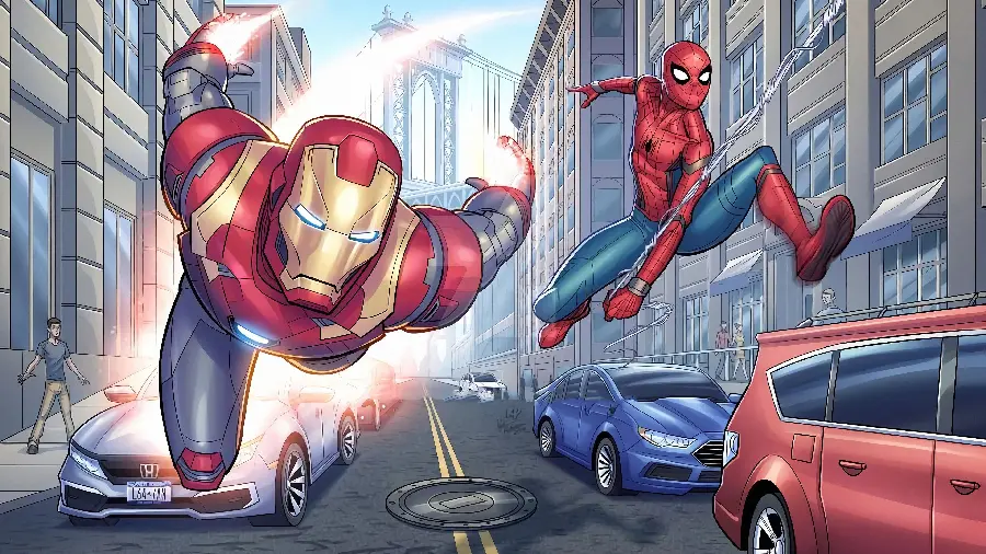 Photo of cartoon Spider-Man running next to Iron Man