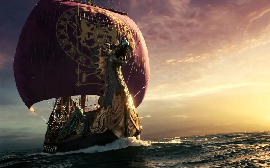 Amazing wallpaper of a ship in the shape of a dragon with magical red sails