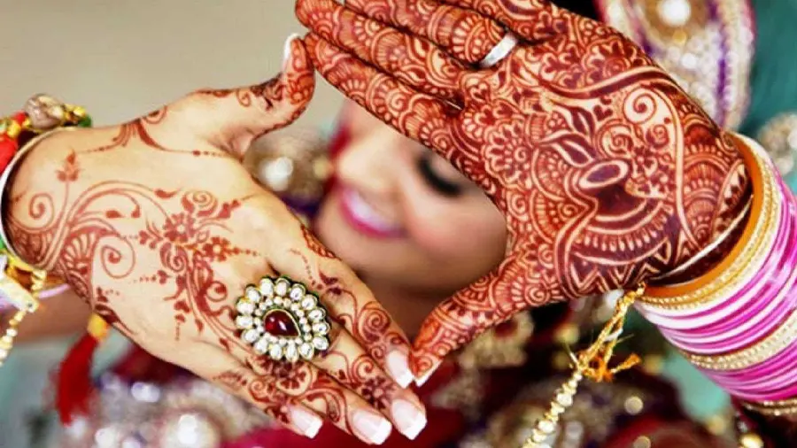 Picture of Indian henna model on palm and back of hand with intricate flower and jar pattern for wedding ceremony 