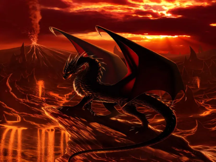 A creepy and professional wallpaper of a terrifying dragon with a red background
