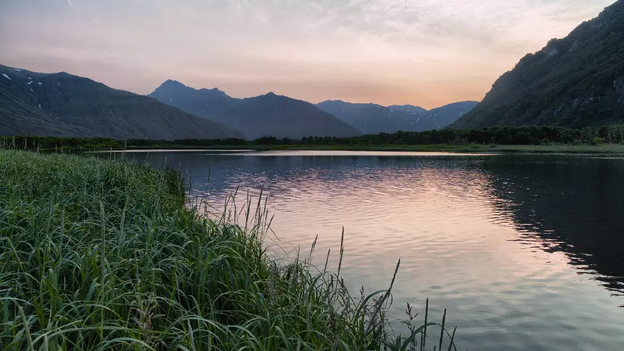 Stylish lake and mountain image for making photo captions and stories
