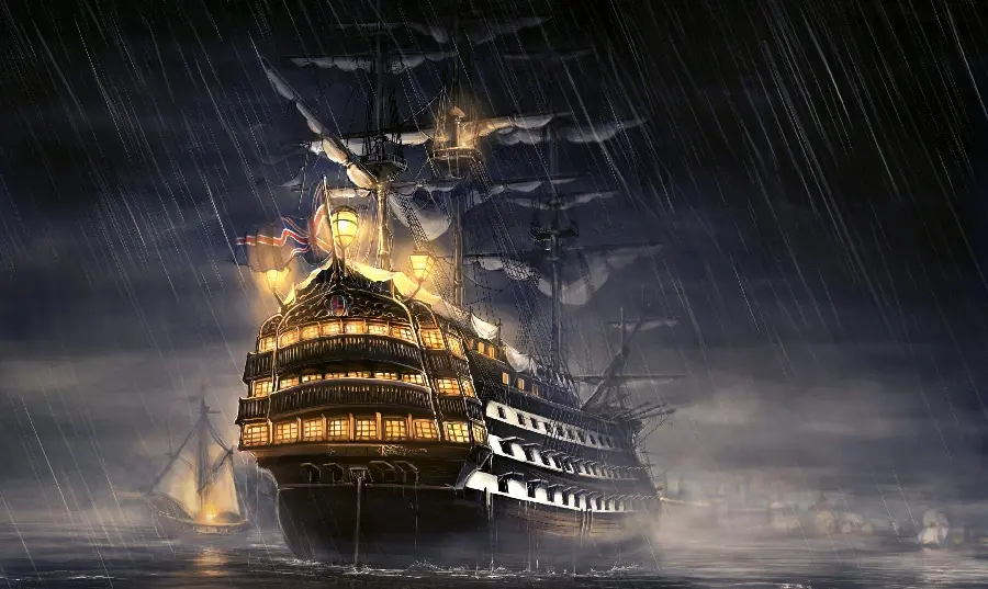Masterpiece painting of a large wooden ship at night for instagram