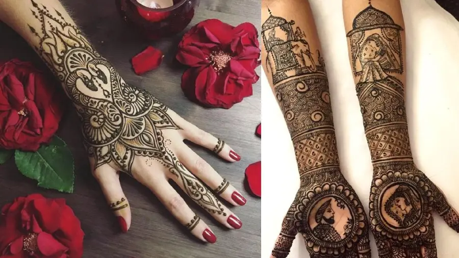 Attractive photo of an Indian henna model on the hand and forearm with female and male motifs for ideas