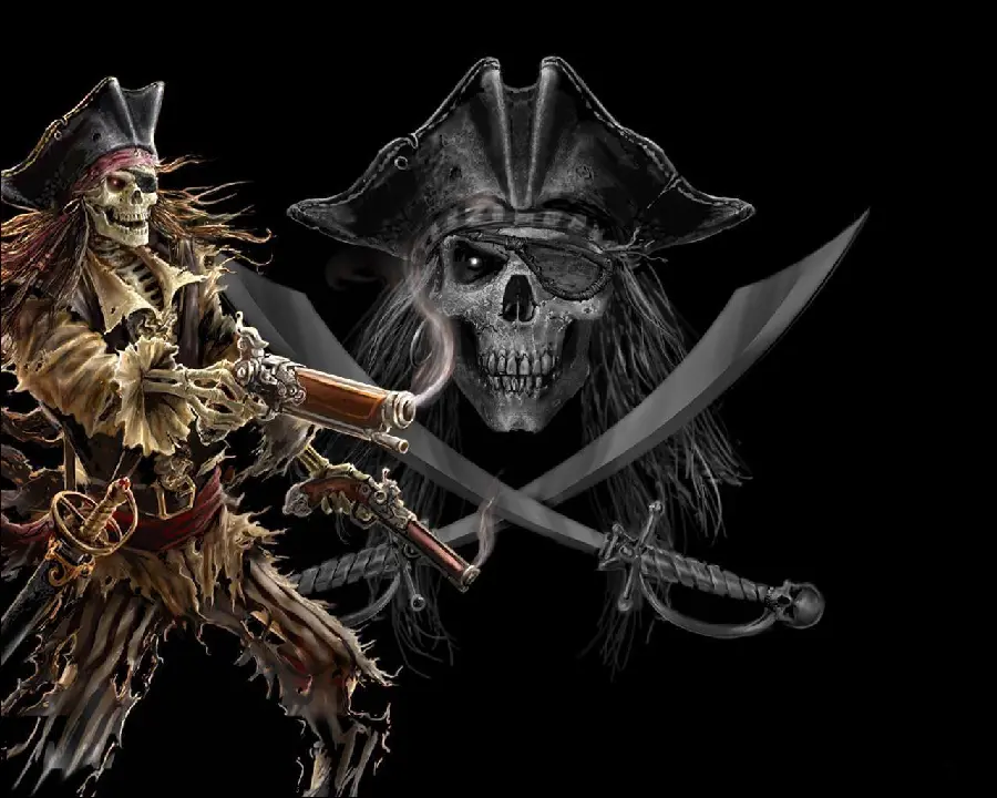 Download a creepy and scary black wallpaper of a pirate skeleton