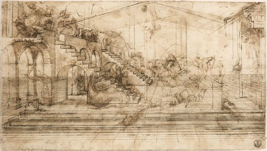 Graphic design of an old building plan based on the art of Da Vinci