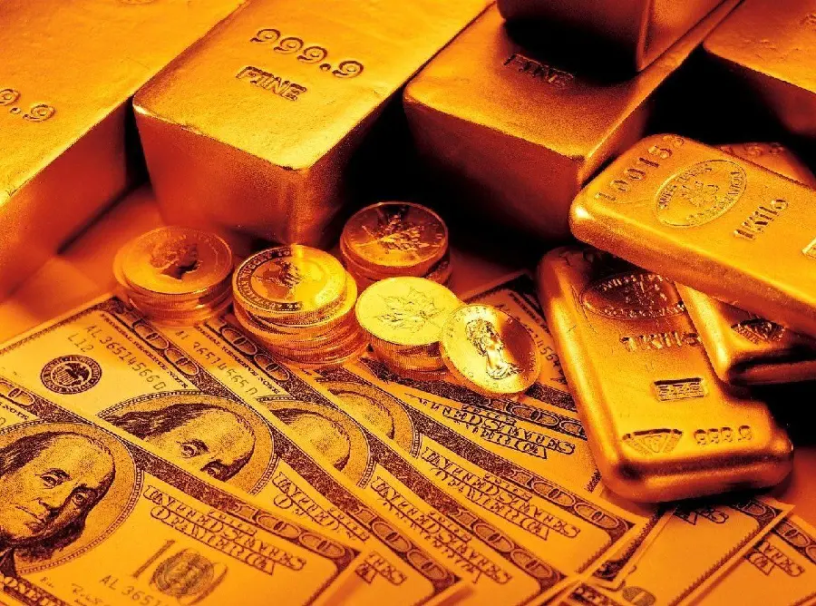Photo of gold bars and coins next to banknotes suitable for phone wallpaper